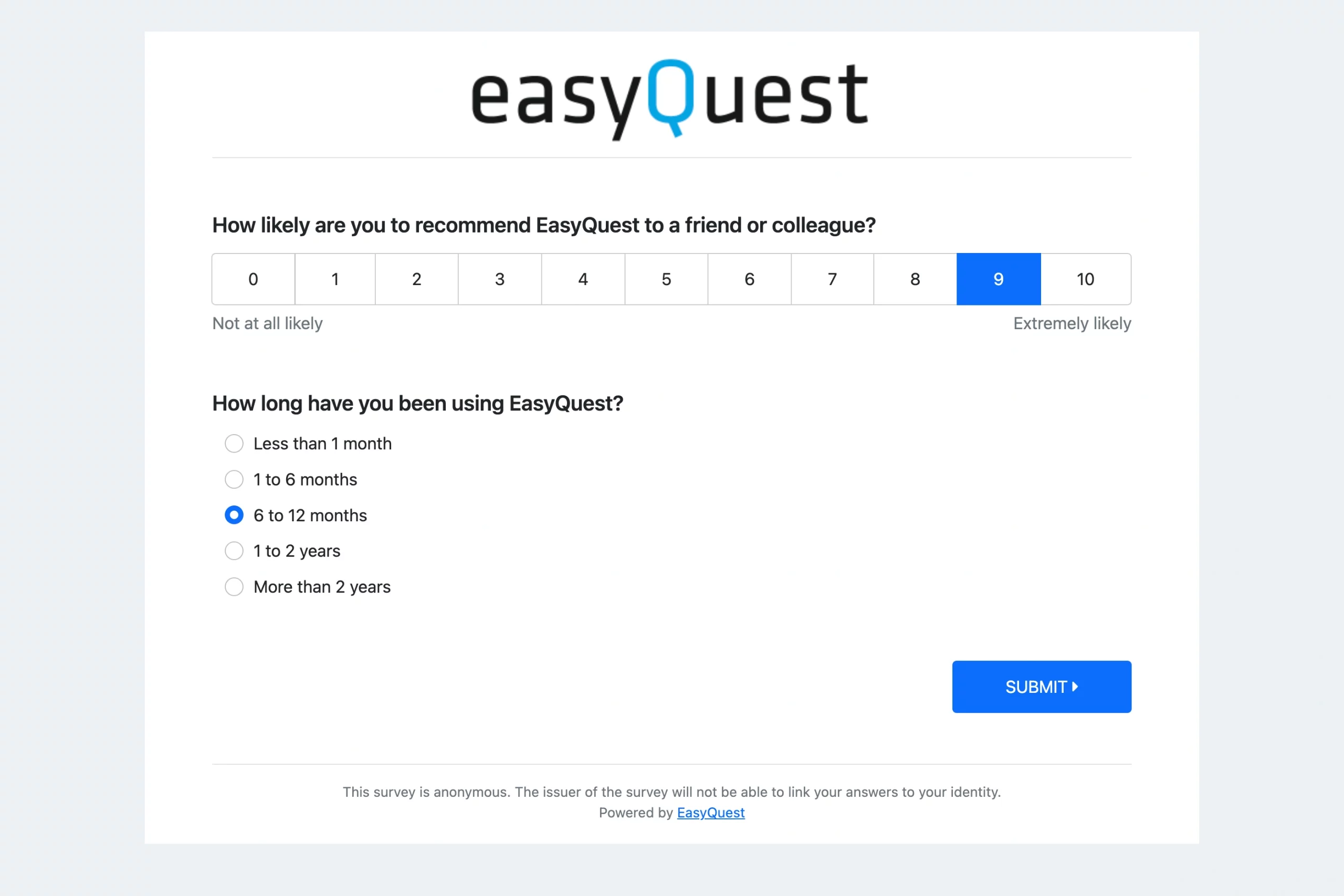 EasyQuest survey in web browser.